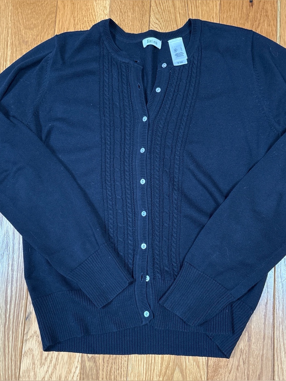 Liz & Co Women’s Navy Cable Knit Classic Sweater Button Front Size L